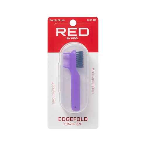 Red by Kiss 2-in-1 Foldable Comb & Edge Brush with Travel Case, Compact Palm-Sized Design, 100% Soft Boar Bristles for Smooth Hair & Edge Control, Portable Hair Styling Tool (Purple)