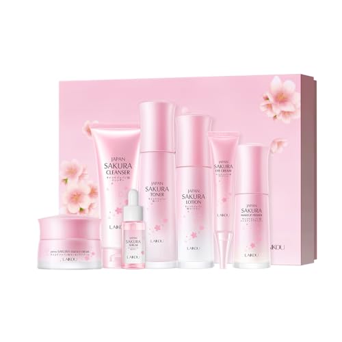 Skin Care Set JAPAN SAKURA Beauty Gift Sets Skin Care Kit with Cleanser, Toner, Lotion, Serum, Eye Cream, Face Cream, Make up Primer Travel Kit for Women Wife Mom 7pcs