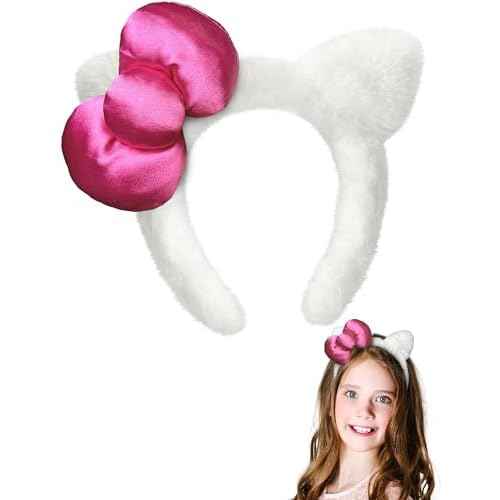 Kitty Headband White Cat Ears Hair Accessories with Pink Bow Birthday Party Costume Christmas Gifts for Women