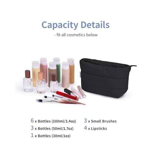 Narwey Small Makeup Bag for Travel Women Girl, Puffer Cosmetic Bag Makeup Pouch for Purse with Zipper, Cute Puffy Make Up Organizer Bags, Travel Toiletry Bag Toiletries (Black)