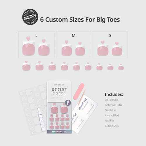BTArtbox Press On Toenails - Lamp-Curable Real Square Toe Nail Press Ons with Glue for Women, Semi-Transparent French Tip Fake Toe Nail Tips in 15 Sizes - 30 Toenails Kit, Ma'am