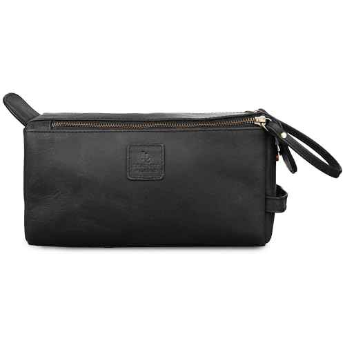 Genuine Leather Travel Toiletry Bag for Men & Women ? Unisex Water-Resistant Travel Dopp Kit, Shaving Organizer & Compact Bathroom Essentials - Midnight Black