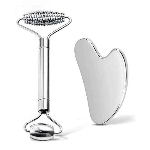 Gua Sha & Face Roller, Stainless Steel Gua Sha Facial Tools for Face, Eyes,Chin & Jawline Sculpting,Body Gua Sha Tools with Pouch