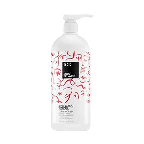 IGK GOOD BEHAVIOR Ultra Smooth Shampoo Liter | Frizz Control + Hydrates + Shine | Vegan + Cruelty Free | 33.8 Oz