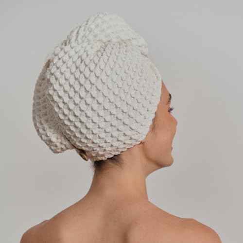 100% Organic Cotton Hair Drying Waffle Towel Wrap for Women | Absorbent & Quick Dry Head Turban for Wet Hair in Shower Sauna Spa, Extra Large for Long Straight Curly Plopping Button (White, 2 PACK)