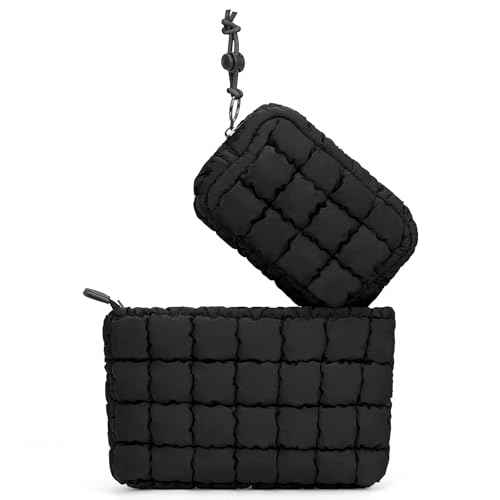 Quilted Makeup Bag and Zip Card Pouch Key Chain Puffer Cosmetic Bag Travel Cute Makeup Bag Organizer Mini Coin Purse