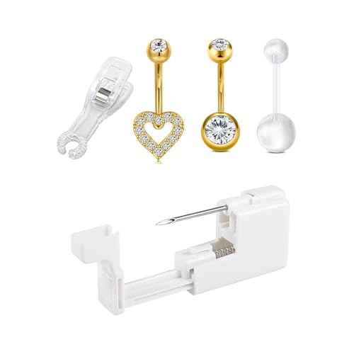 QWALIT Belly Button Piercing Kit Belly Piercing Kits Gold Belly Button Piercing Gun Self Belly Piercing Gun with Surgical Steel Heart Belly Rings at Home