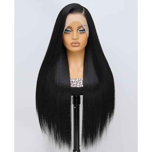 Latasha 13x6 Synthetic Lace Front Wig for Black Women Straight HD Lace Frontal Wigs Pre Plucked Wear and Go Glueless Wigs for White Women 28 inch Long Black Wig (Off Black 1B)