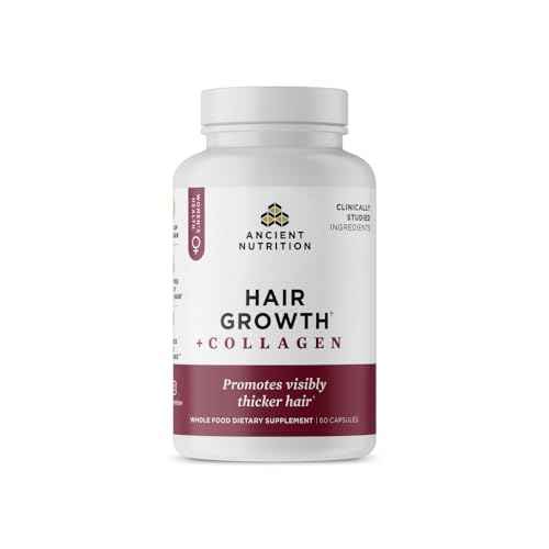 Ancient Nutrition Hair Growth + Collagen Supplement, Hydrolyzed Collagen Peptides, Clinically Studied Superfoods for Hair Growth Support, Thicker, Fuller Hair and Radiant Skin, 60 Count