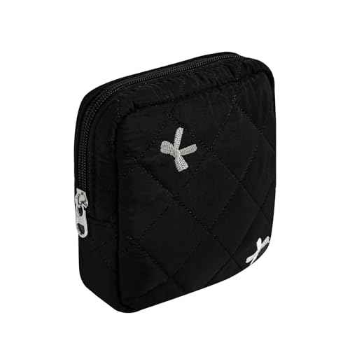 Small Quilted Cosmetic Pouch for Purse, Mini Cotton Makeup Bag with Compartments, Cute Zipper Lipstick Holder for Women (08Black Bow)