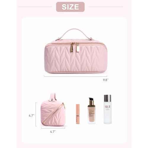 Travel Makeup Bag for Women, Large Capacity Cosmetic Bags for Girls, Compact Pouch Make up Organizer, Waterproof Toiletry Bag with Divider and Handle (Pink)