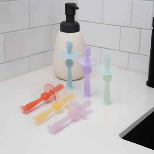 haakaa 360¡Æ Silicone Baby Toothbrush ? 100% Soft Food Grade Silicone, BPA-Free, Suction Base, Safe for Babies 6 Months+, Gentle Gum and Teeth Cleaning for Infants, Gum Massager (Mist Blue)