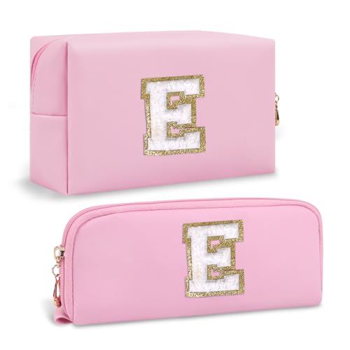 2 Pcs Small Personalized Initial Makeup Bag Cosmetic Pouch, Pink Cosmetic Travel Toiletry Bag Makeup Brushes Organizer, Waterproof Makeup Storage Travel Essentials Christmas Gifts for Women(Letter E)