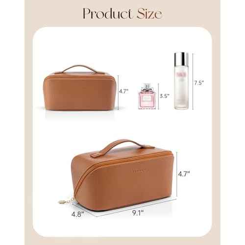 Vlando Makeup Bag,Large Capacity Travel Toiletry Bag,Cosmetic Bags for Women PU Leather Waterproof Portable Pouch with Divider & Handle-Brown