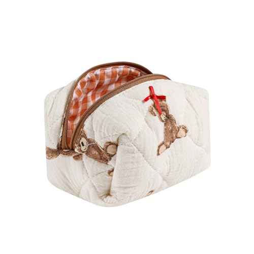 Cute Small Floral Cotton Makeup Bag, Quilted Zipper Pouch with Coquette Bear for Women and Girls, Kawaii Travel Cosmetic Bags for Purse(01Little Bear)