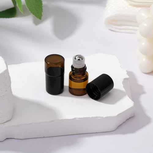 120 pack 1ml Amber Glass Roller Bottles for Essential Oils Refillable Roll-on Applicator with Stainless Steel Roller Balls Mini Leak-proof Makeup Containers with Pipettes and Bottle Opener