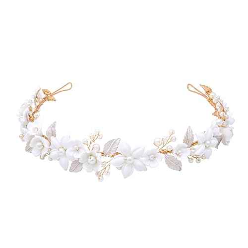 Oriamour Wedding Headbands With Ceramic Flowers Bridal Wedding Headpieces For Women Girls Pearls Headband With Leaves Desgin (Gold)