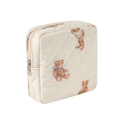 Small Quilted Cotton Makeup Bag for Purse, Cosmetic Bag with Compartments, Cotton Aesthetic Makeup Bag, Travel Toiletry Pouch, Key Pocket Lipstick Bag Card Holder Data Cable Organizer£¨01White Bear£©