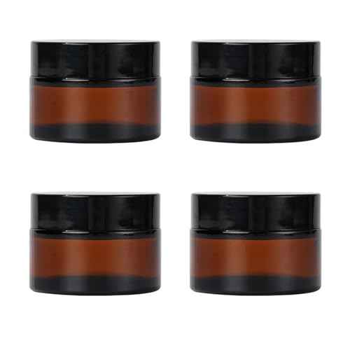 Amber Glass Jars with Lids, 4 Pack 1oz Small Glass Jars with Inner Liners, 30 ml Reusable Empty Round Cosmetic Container for Creams, Lotion, Cosmetic, Spice, Powder