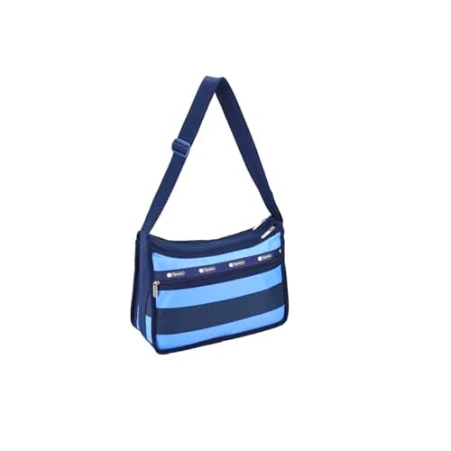 LeSportsac Classic Rugby Periwinkle Deluxe Everyday Crossbody Bag + Cosmetic Bag, Style 7507/Color E758, Timeless Navy Blue & Modern Periwinkle Stripes Unite, Bold Modern Nautical Inspired Theme