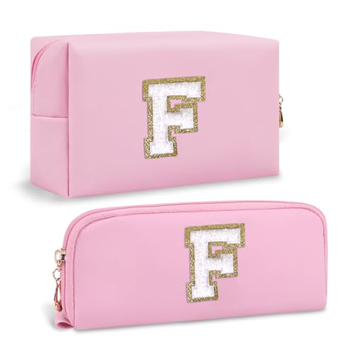 2 Pack Personalized Initial Cosmetic Bag with Small Makeup Brush Bag, Pink Cute Preppy Cosmetic Travel Toiletry Zipper Pouch, Waterproof Make Up Brush Bag Gift for Friends Female Friendship(Letter F)