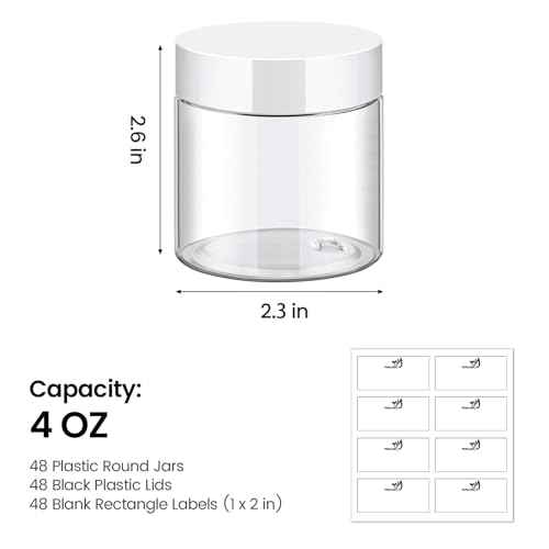 TUZAZO 48 Pack 4 Oz Plastic Container Jars with Lids and Labels BPA Free, Empty Round Clear Cosmetic Containers Plastic Slime Jars for Lotion, Cream, Ointments, Body Butter, Travel Storage (48)