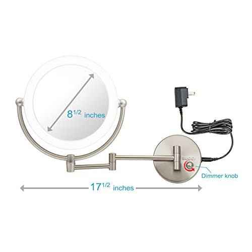 Wall Mount LED Lighted Makeup Mirror, AC Adaptor, 10x/1x Magnification, Satin Nickel Finish 8.6"D x 17.5"L by Rucci
