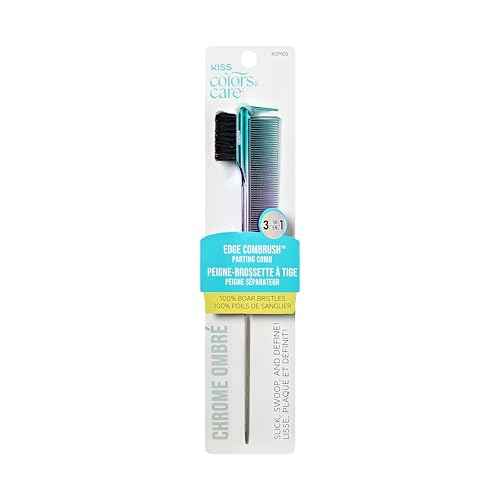 KISS Colors & Care 3-in-1 Edge Combrush, 100% Natural Boar Bristles, Edge Brush, Parting Comb, Side Comb & Pin Tail, Multifunctional Styling Tool with Ombre Chrome Finish