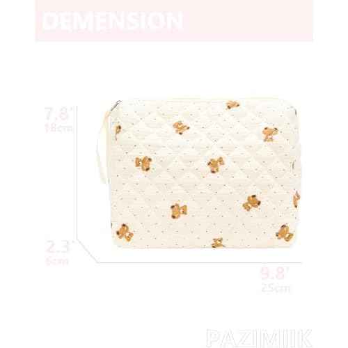 PAZIMIIK Quilted Makeup Bag Large Travel Zipper Soft Cosmetic Pouch for Women Girls Make Up,Gauze Bear
