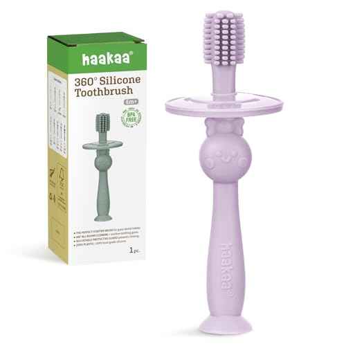 haakaa 360¡Æ Baby Toothbrush with Suction Base - Gentle Cleaning for Infant Self-Brushing Training, Sorft Food-Grade Silicone, Baby Teething Relief - Lavender, 1 Count