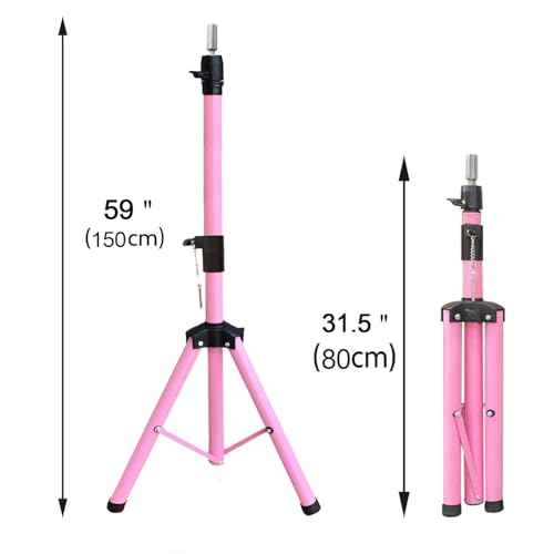 Reinforced Wig Stand Tripod 59" Heavy Duty Adjustable Mannequin Head Stand Tripod for Styling Cosmetology Hairdressing Training, Pink Wig Head Stand Sets with Wig Caps,Comb,Hair Clips, T-Pins,Headband