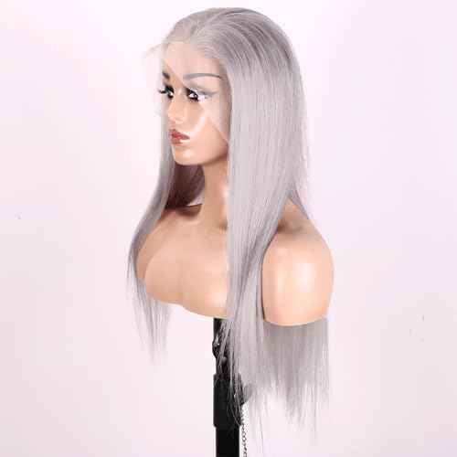 Grey Lace Front Wigs Human Hair Silver 13x4 Straight HD Transparent Lace Frontal Human Hair Wig for Woman Natural Gray Color Glueless Brazilian Virgin Human Hair Wig Pre Plucked Bleached Knot 24 Inch