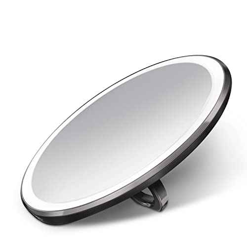 simplehuman Sensor Mirror, Lighted Compact Makeup Magnifying Mirror with Light, Round, Travel Size, Black Stainless Steel