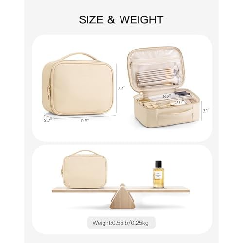 Vlando Travel Makeup Bag,Portable Cosmetic Bag Makeup Case Organizer, Makeup Bag with Adjustable Dividers for Women,Girls,Wedding,Cosmetic Brushes,Toiletry,Gifts,Anniversary-Beige