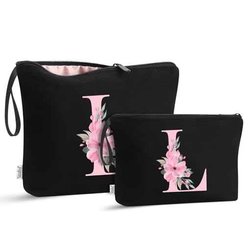 Vavabox A-Z Personalized Makeup Bag, Birthday Gifts for Women Mom, Gifts for Best Friend, Bride Bridesmaid Cosmetic bag (L, 04-Black Set)