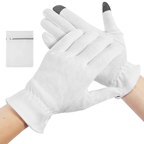 100% Cotton Moisturizing Gloves 5 Pairs, Touch Screen Friendly Cotton Gloves with Wristband and Washing Bag for Overnight Bedtime Eczema Dry Sensitive Irritated Skin Spa Therapy, Small