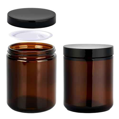 Hoa Kinh 8oz Amber Glass Jars with Lids - 2Pack Empty Airtight Storage Containers for Candle Making, Cosmetic, Spices, Crafts, Food - Refillable, UV Protection, Black Plastic Lid