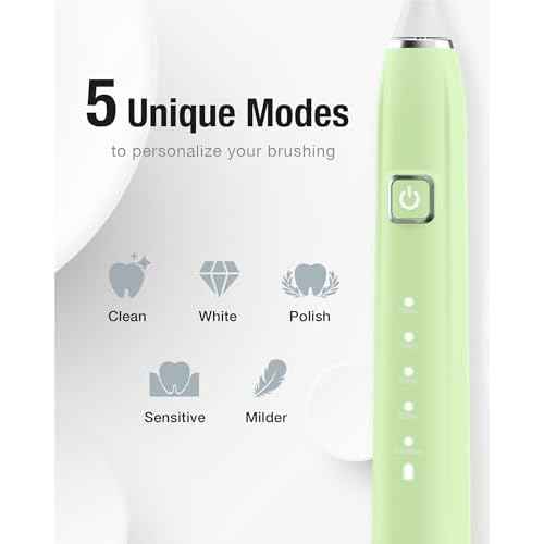 7AM2M Sonic Electric Toothbrush with 6 Brush Heads for Adults&Kids, One Charge for 120 Days, Wireless Fast Charge, 5 Modes, 40000VPM Powered Toothbrush, 2 Minutes Built in Smart Timer - Light Green