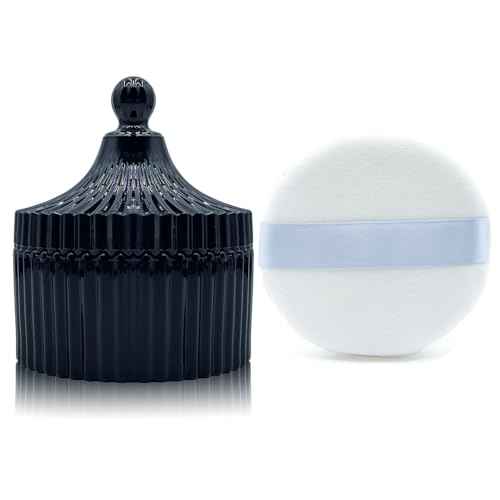 Ultra Soft Powder Puff and Container 3.3" High Density Velvet Dusting Washable Reusable Powder Puff,Body Powder Puff and Glass Jar Holder Loose Powder Box with Puff for Face Makeup(Black)