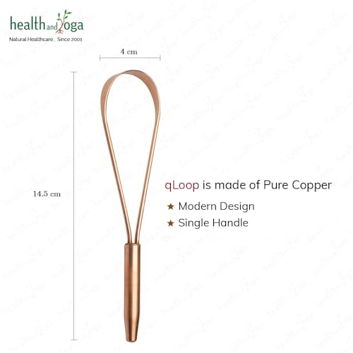 HealthAndYoga™ qLoop Copper Tongue Cleaner – Easy One Hand Use – Larger Surface Coverage – Ayurvedic Copper Health for Fresh Breath and Total Oral Hygiene (Single)