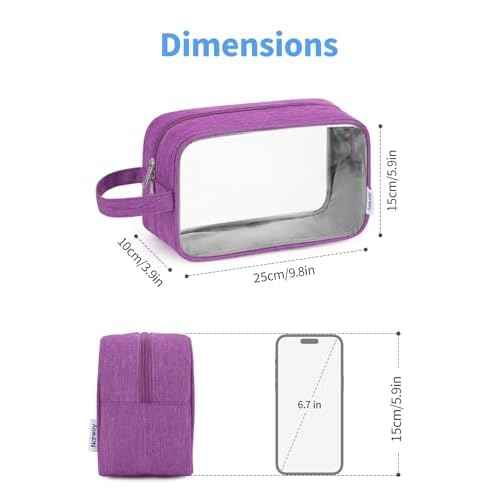 Narwey Clear Travel Toiletry Bags for Traveling Toiletries Men Women, Clear Makeup Bag Cosmetic Bag with Zipper, Make Up Pouch Organizer Bag with Handle, Skincare Beach Snack Medicine Bag, Purple