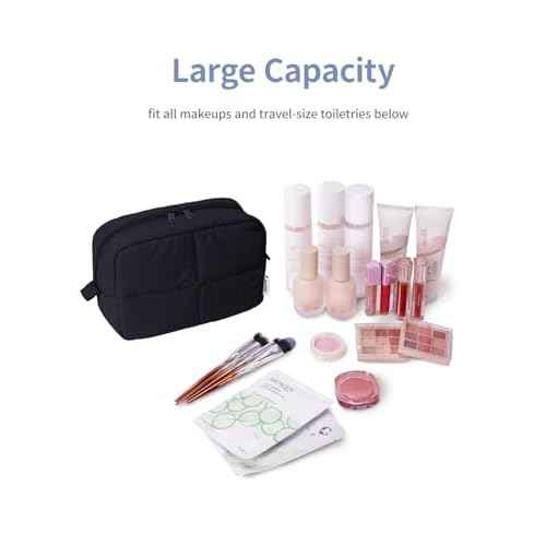 Narwey Puffy Makeup Bag for Travel Women Girl, Quilted Makeup Bag Cosmetic Bag, Cute Puffer Make Up Organizer Bags, Travel Toiletry Bag Toiletries (Black)