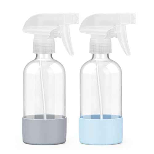 2 Pack Glass Spray Bottles 8 oz, Empty Refillable Containers with Silicone Sleeve Protection, Glass Spray Bottles for Cleaning Solutions, Hair and Plants with Adjustable Nozzles Blue&Grey