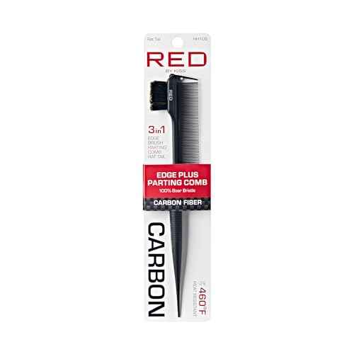 RED by Kiss Carbon Fiber Edge Brush + Parting Comb, 3 in 1 Styling Tool, High Heat Resistance, 100% Boar Bristles Hairbrush & Sectioning Tail, Comfort Grip for All Hair Types (Rat Tail)