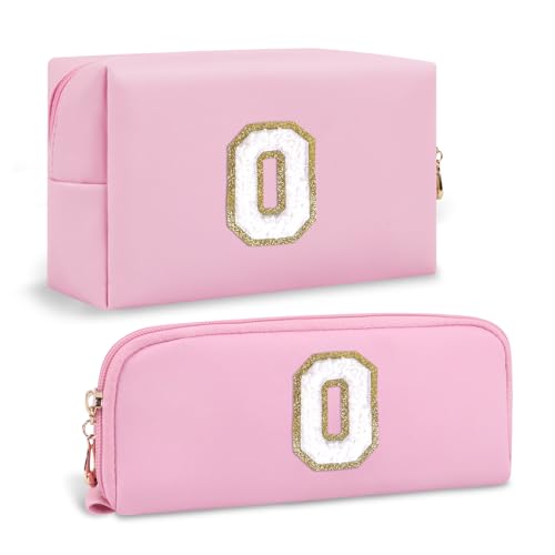 2 PCS Personalized Initial A-Z Preppy Makeup Bag, Small Travel Cute Pink Cosmetic Case Toiletry Zipper Pouch for Purse, Waterproof PU Make Up Brush Organizer Gifts for Women Best Friends(Letter O)