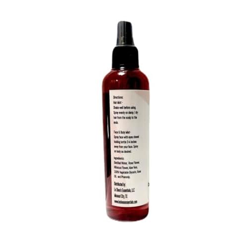 LE SHEA Hibiscus & Rose Water Spray with Aloe Vera, Rose Oil, All Natural Hydrating Facial Mist, Refresh Moisturize Hair Beard Braid Dreadlock Loc Condition Skin Body Face Rosewater Leave In 8.7 oz