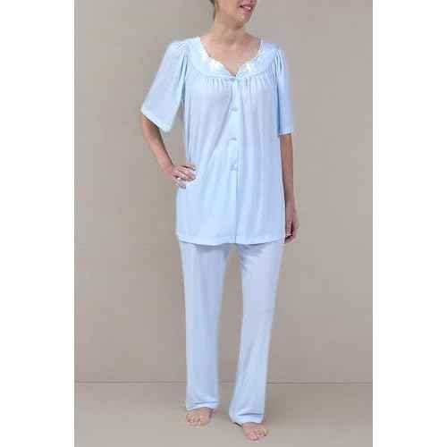Miss Elaine PJ Set - Women's Nylon Tricot Pajama Set, Short Sleeves, Round Neckline with Embroidered Trim, Button Front Top
