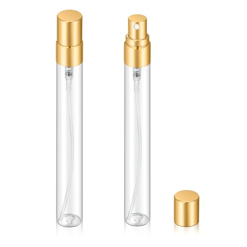 20Pcs 10ml Empty Clear Glass Mist Spray Bottle Refillable Mini Perfume Atomizer Travel Sample Bottle with Golden Aluminized Nozzle Makeup Container for Perfume (10ml Gold Caps)