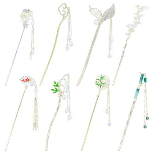 inSowni 8 Pieces Vintage Retro Asian Chinese Hanfu Gold Metal Hair Sticks Pins with Pearl Pendants Bamboo Leaf Flower Fishtail Hair Chopsticks Forks Bun Updo Holders Long Hairpins for Women Girls