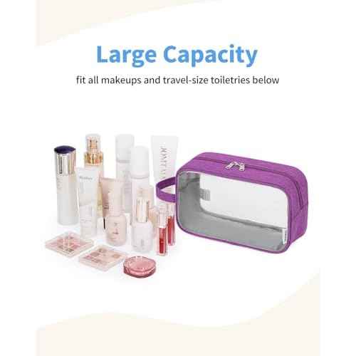 Narwey Clear Travel Toiletry Bags for Traveling Toiletries Men Women, Clear Makeup Bag Cosmetic Bag with Zipper, Make Up Pouch Organizer Bag with Handle, Skincare Beach Snack Medicine Bag, Purple